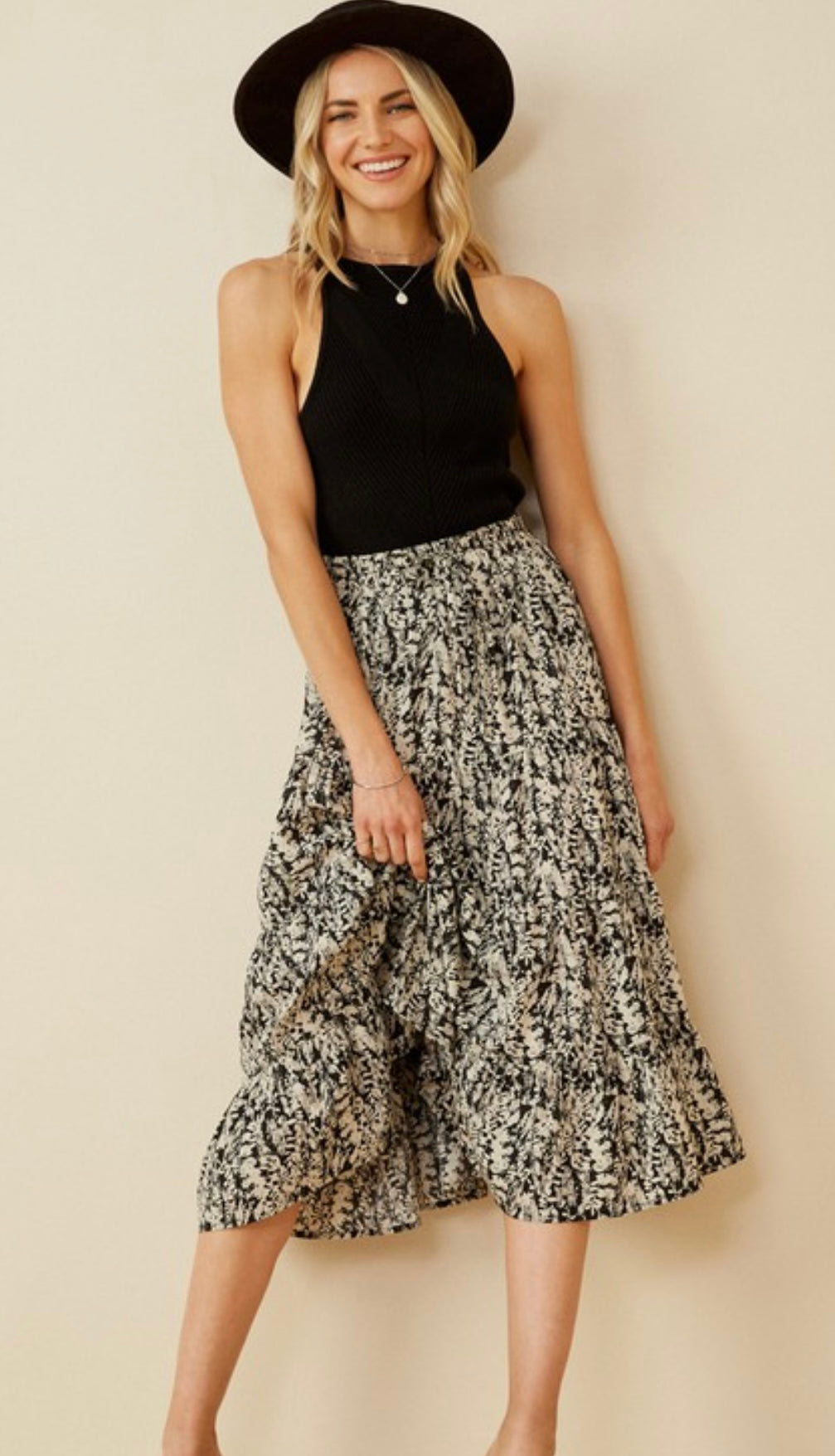 Black/Cream Print Midi Skirt