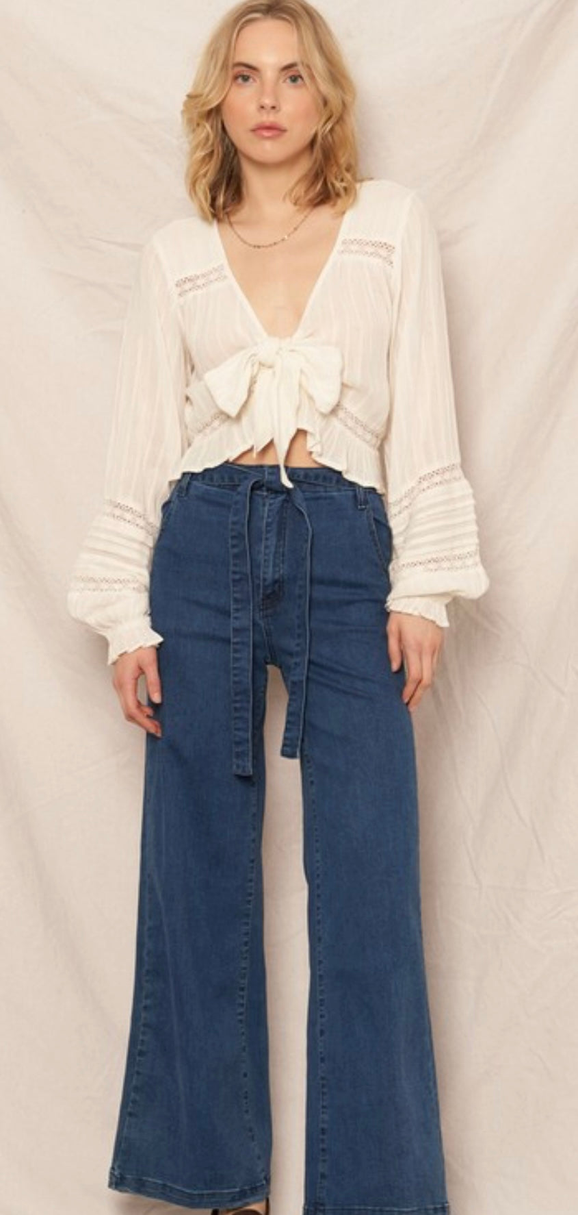 Creme & Lace Front Tie Top