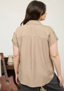 Olive Collard front Button Down Blouse Plus