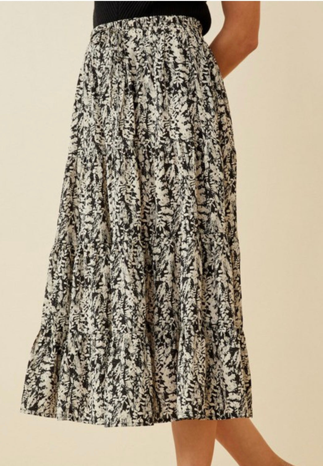 Black/Cream Print Midi Skirt