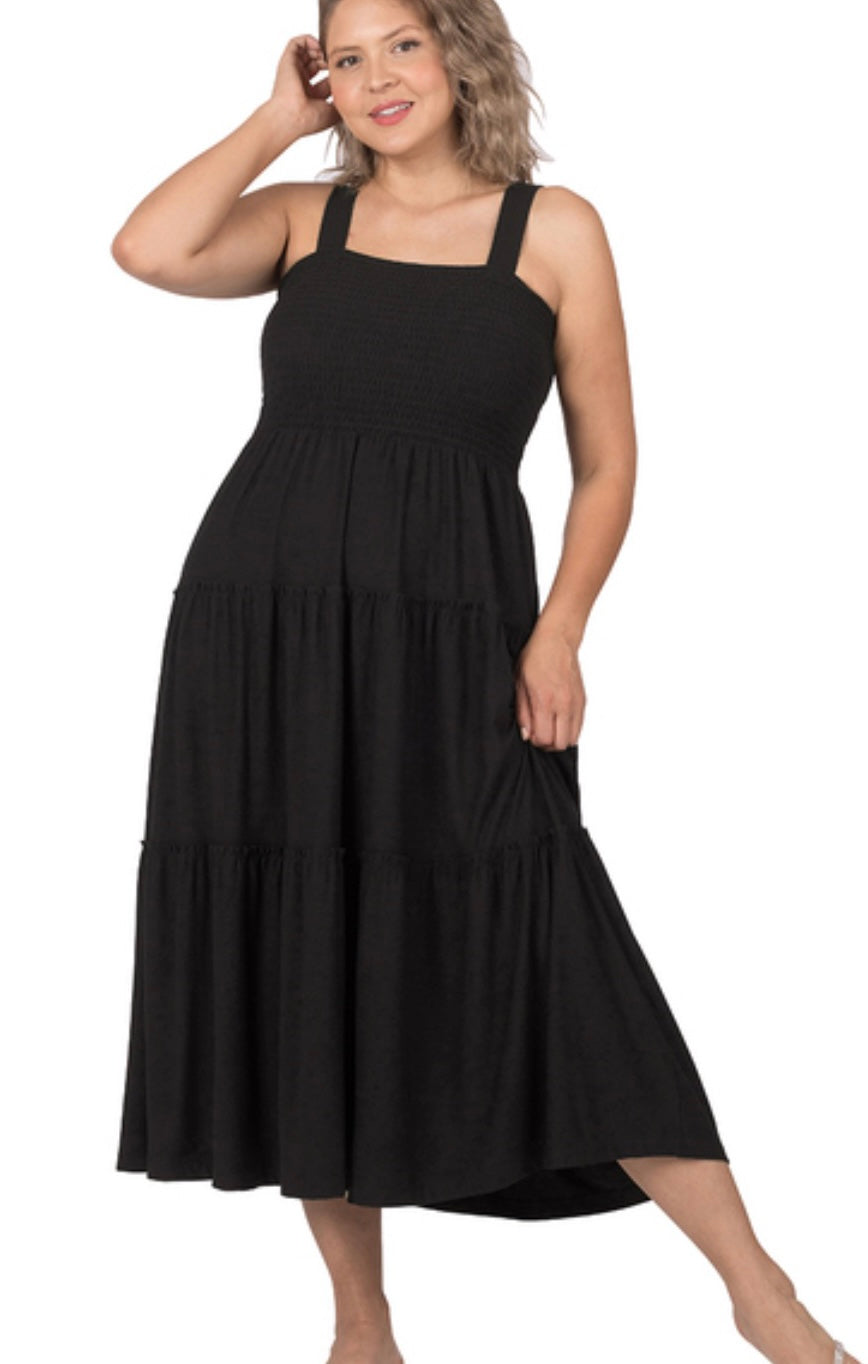 Breezy Black Smocked Tiered MIDI