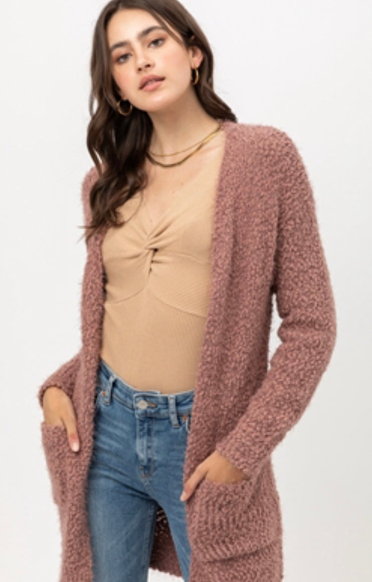 Popcorn Eyelash Open Front Cardigan - Mauve